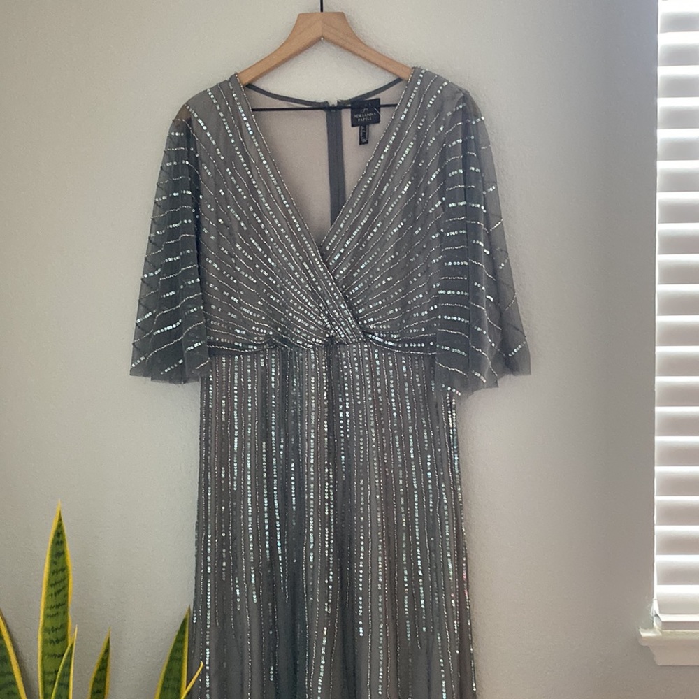 Adrianna Papell Silver Sequined V-Neck Flutter Sleeve Evening Gown - Picture 5 of 16